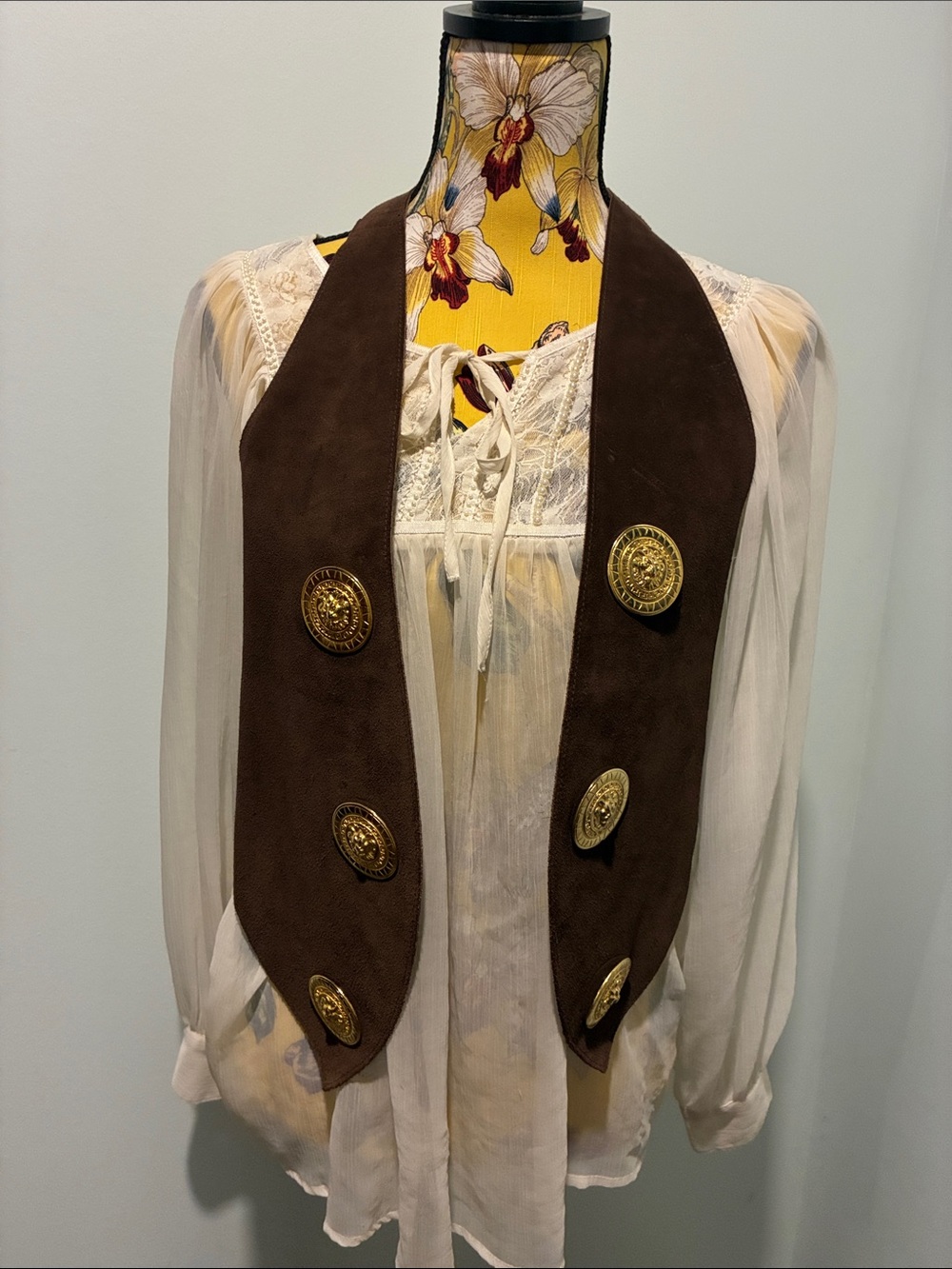 Vintage 70s Brown Suede Vest Waistcoat with Gold Medallion Buttons One Size